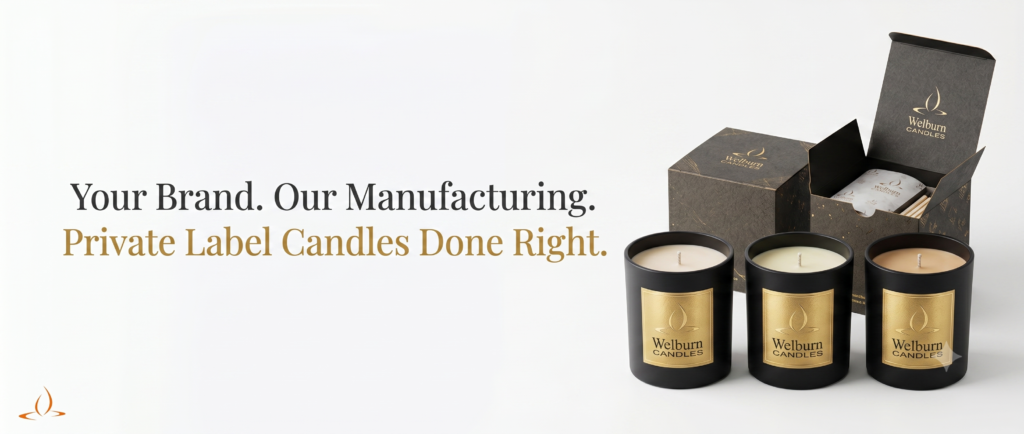 Private label candles manufacturers complete guide — branded matte black candle jars with gold labels — Welburn Candles India