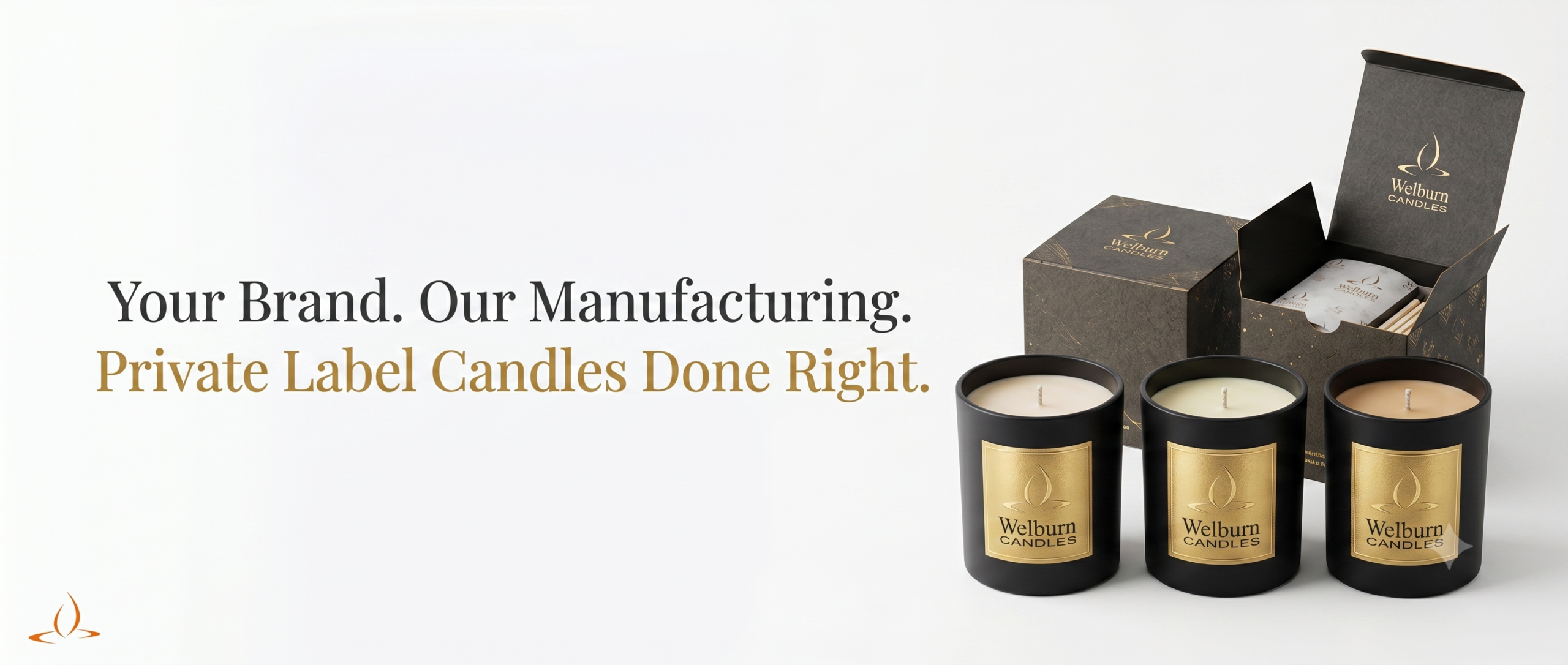 Private label candles manufacturers complete guide — branded matte black candle jars with gold labels — Welburn Candles India