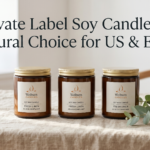 Private label soy candles for US and EU retail — natural wax branded candle jars on linen table — Welburn Candles India