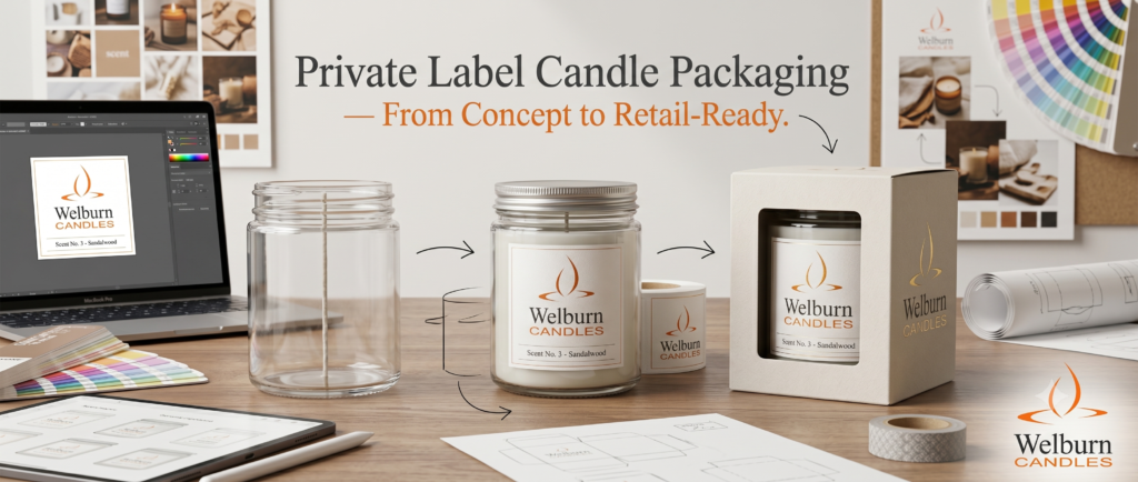 Private label candle packaging design for US and EU retail shelves — progression from plain jar to branded gift box — Welburn Candles