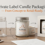 Private label candle packaging design for US and EU retail shelves — progression from plain jar to branded gift box — Welburn Candles