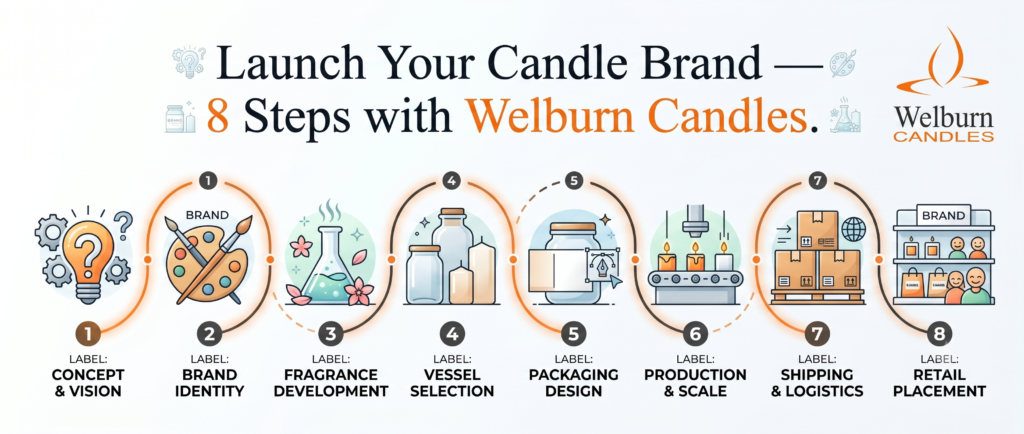 Step-by-step guide to starting a private label candle brand — eight-stage journey icons on clean background — Welburn Candles India