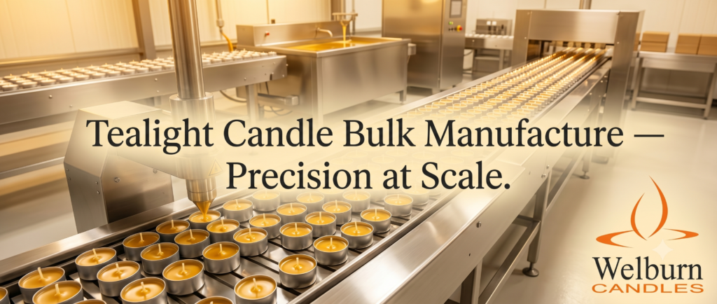 Tealight candle bulk manufacture production floor with rows of aluminium cups — Welburn Candles India