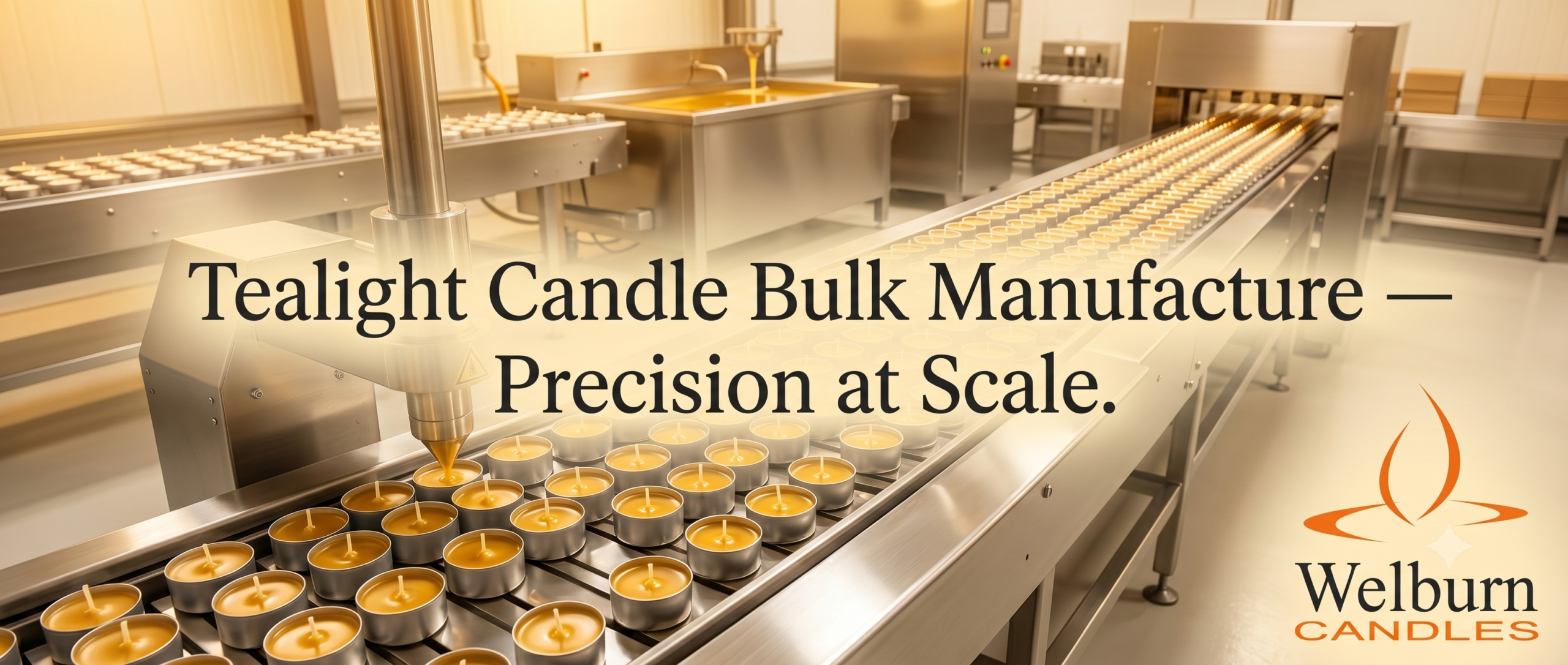 Tealight candle bulk manufacture production floor with rows of aluminium cups — Welburn Candles India