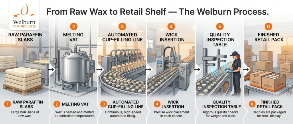 Step-by-step tealight candle bulk manufacture process from raw wax to retail packaging — Welburn Candles India