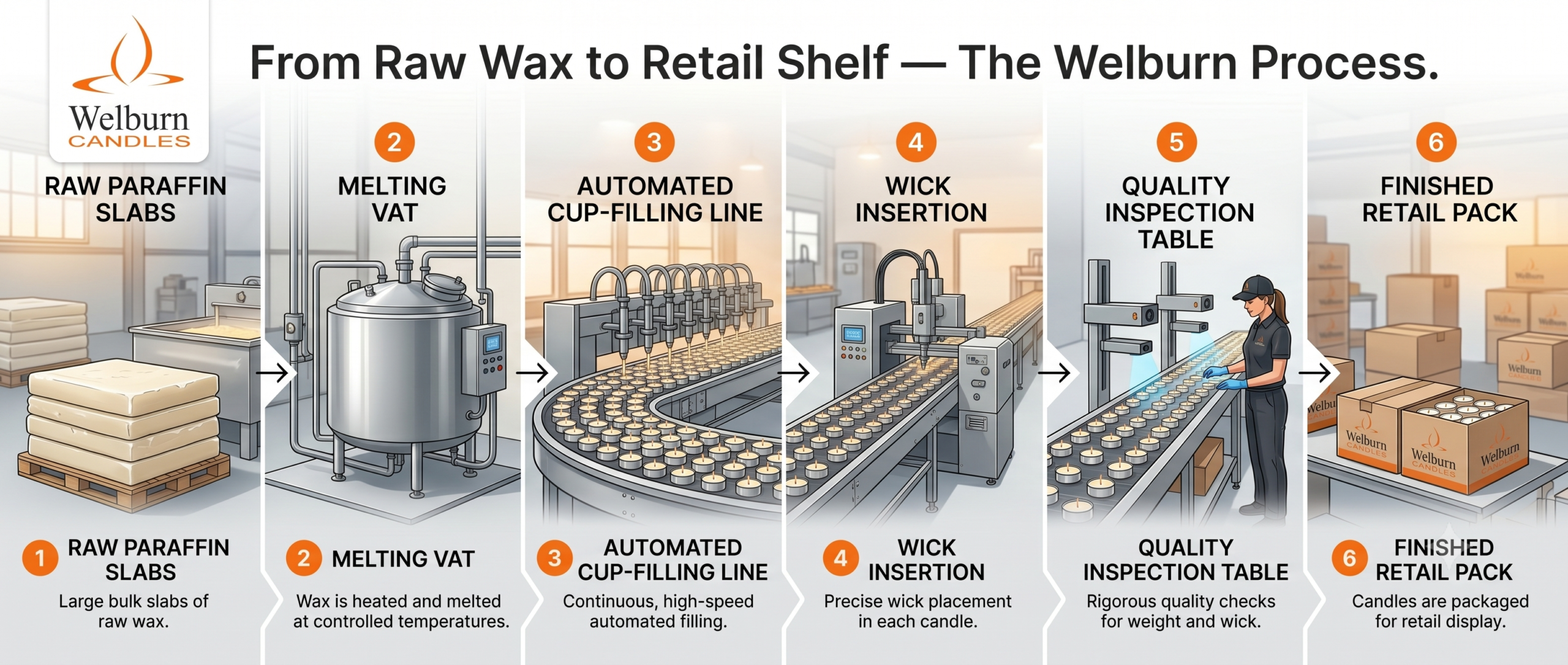 Step-by-step tealight candle bulk manufacture process from raw wax to retail packaging — Welburn Candles India