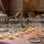 Bulk tealight candles on elegant hotel dining table — hospitality bulk tealight manufacture supplier Welburn Candles India