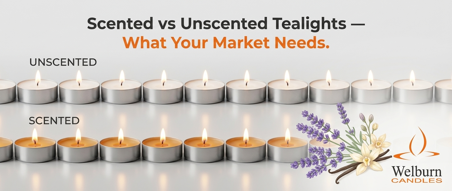 Scented vs unscented tealight candles burning side by side — manufacturing and compliance comparison — Welburn Candles