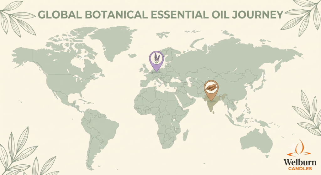 World map with botanical icons marking India, Germany and the USA as key aromatherapy candle wellness markets