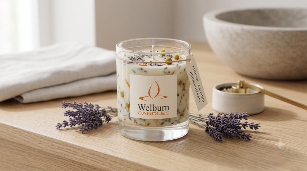 Aromatherapy candle with botanical ingredients styled for the German wellness retail market