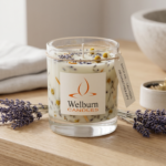 Aromatherapy candle with botanical ingredients styled for the German wellness retail market