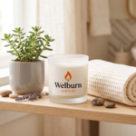 Aromatherapy candle styled in a self-care bathroom setting for the US wellness market