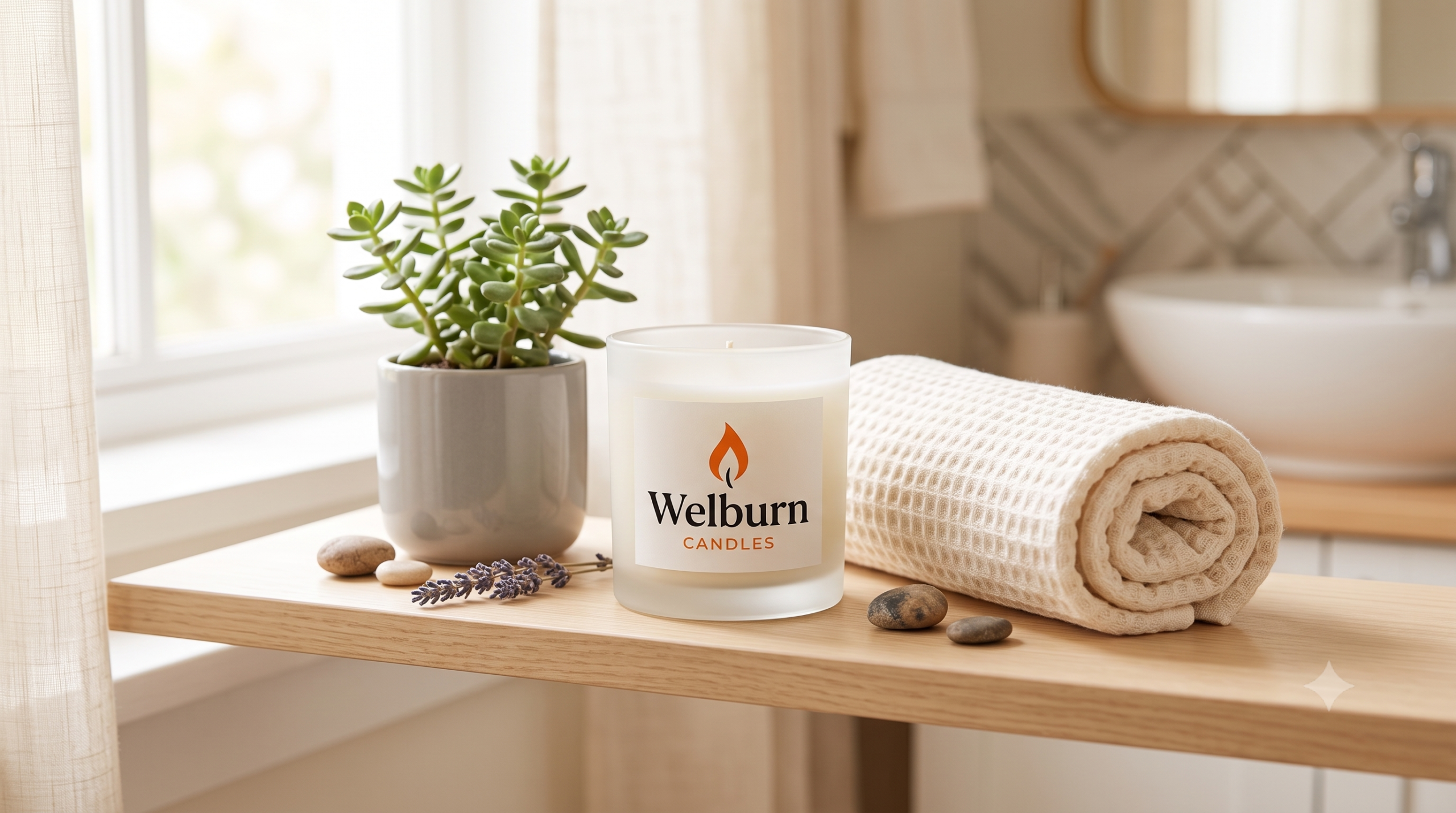 Aromatherapy candle styled in a self-care bathroom setting for the US wellness market