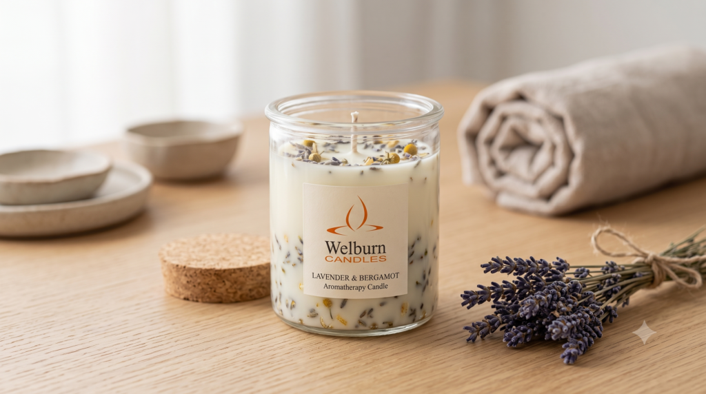 Aromatherapy candle styled with lavender for an Indian D2C wellness brand social media shoot