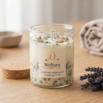 Aromatherapy candle styled with lavender for an Indian D2C wellness brand social media shoot