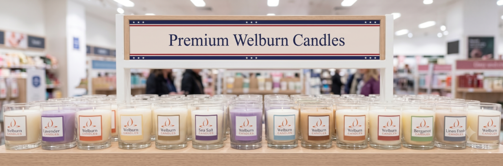 Branded candles displayed on a UK retail shelf