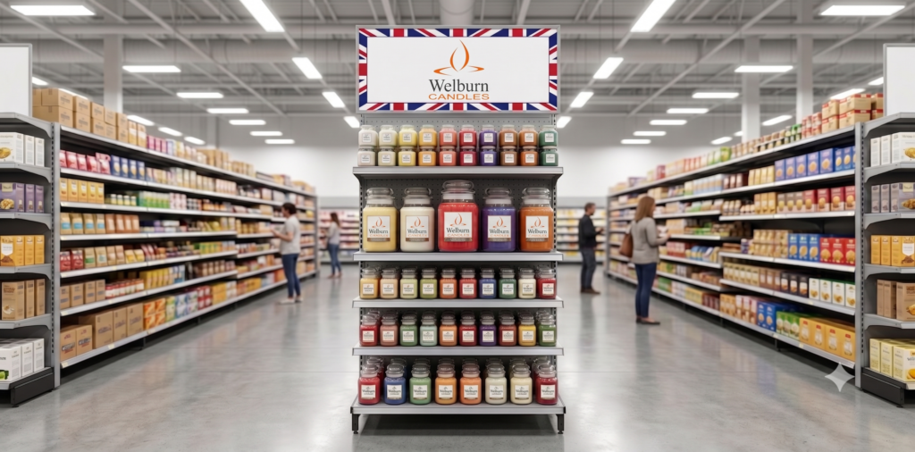 Compliant candle packaging with visible warning labels on a US retail shelf