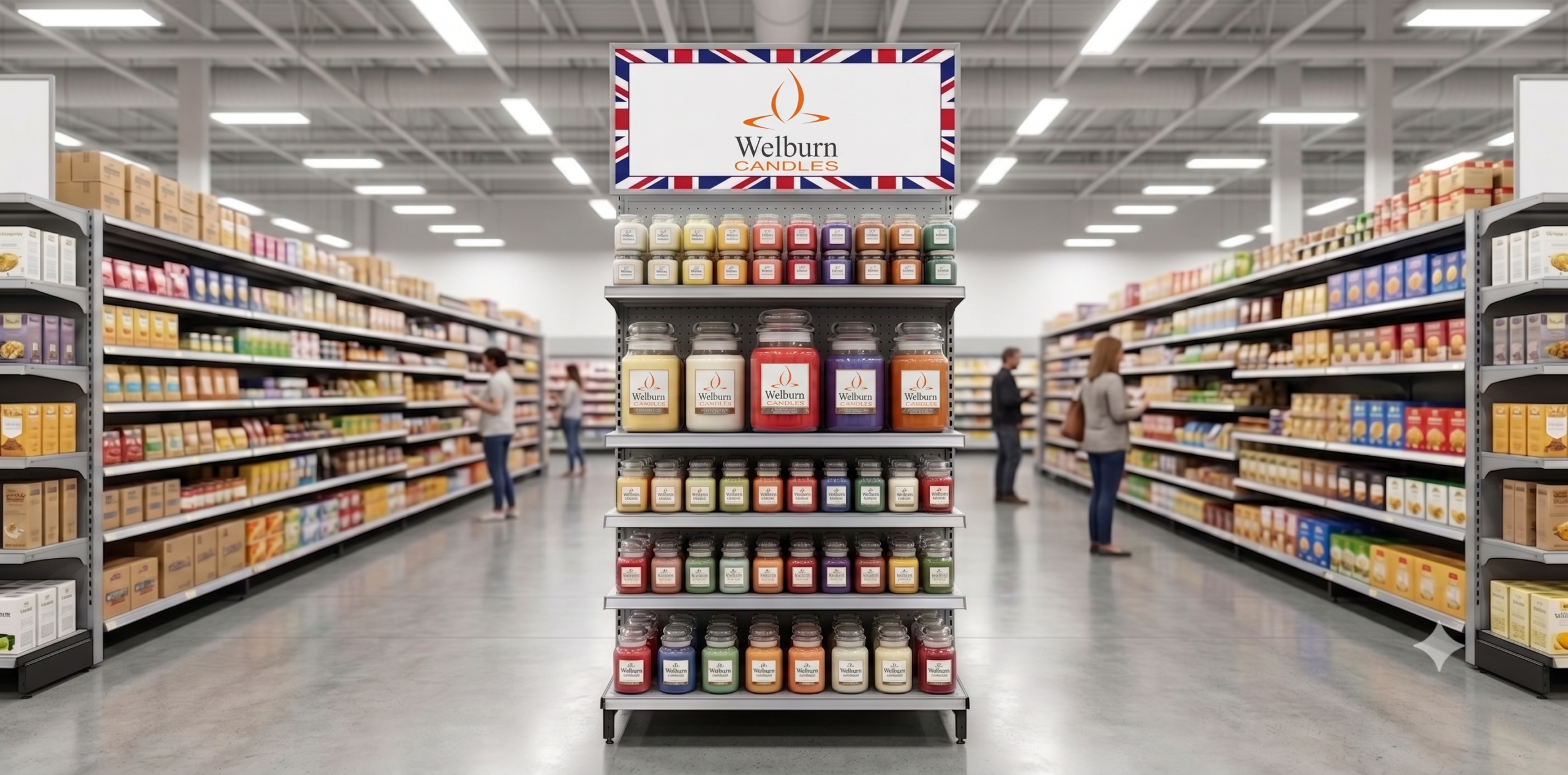 Compliant candle packaging with visible warning labels on a US retail shelf