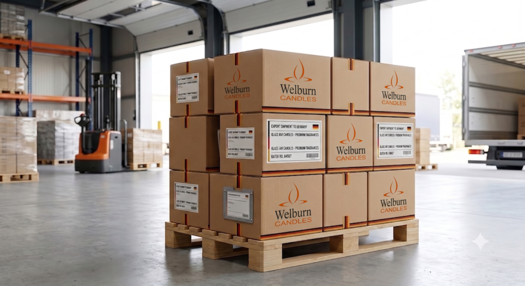Export-ready jar candles palletised for shipment to the German market