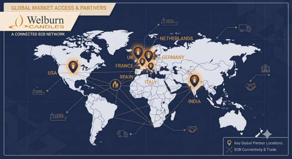 World map with candle icons marking Germany, UK, USA, France, Italy, Netherlands, Spain and India as key candle manufacturing export markets