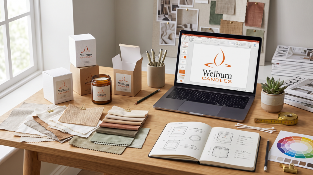 Private label candle packaging mockups and branding materials laid out on a desk