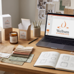 Private label candle packaging mockups and branding materials laid out on a desk