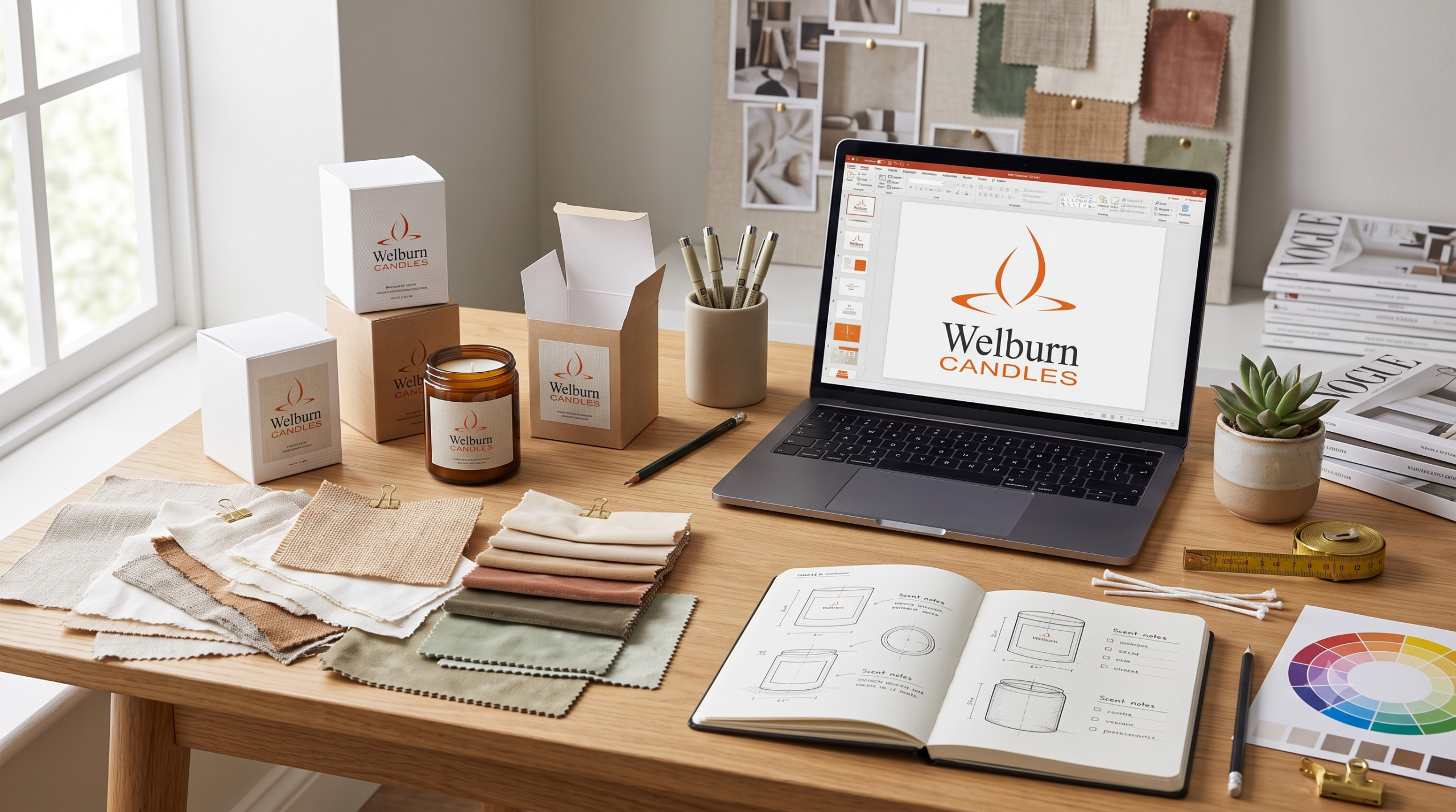 Private label candle packaging mockups and branding materials laid out on a desk