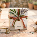 Gift-wrapped private label candle styled for Southern European retail markets