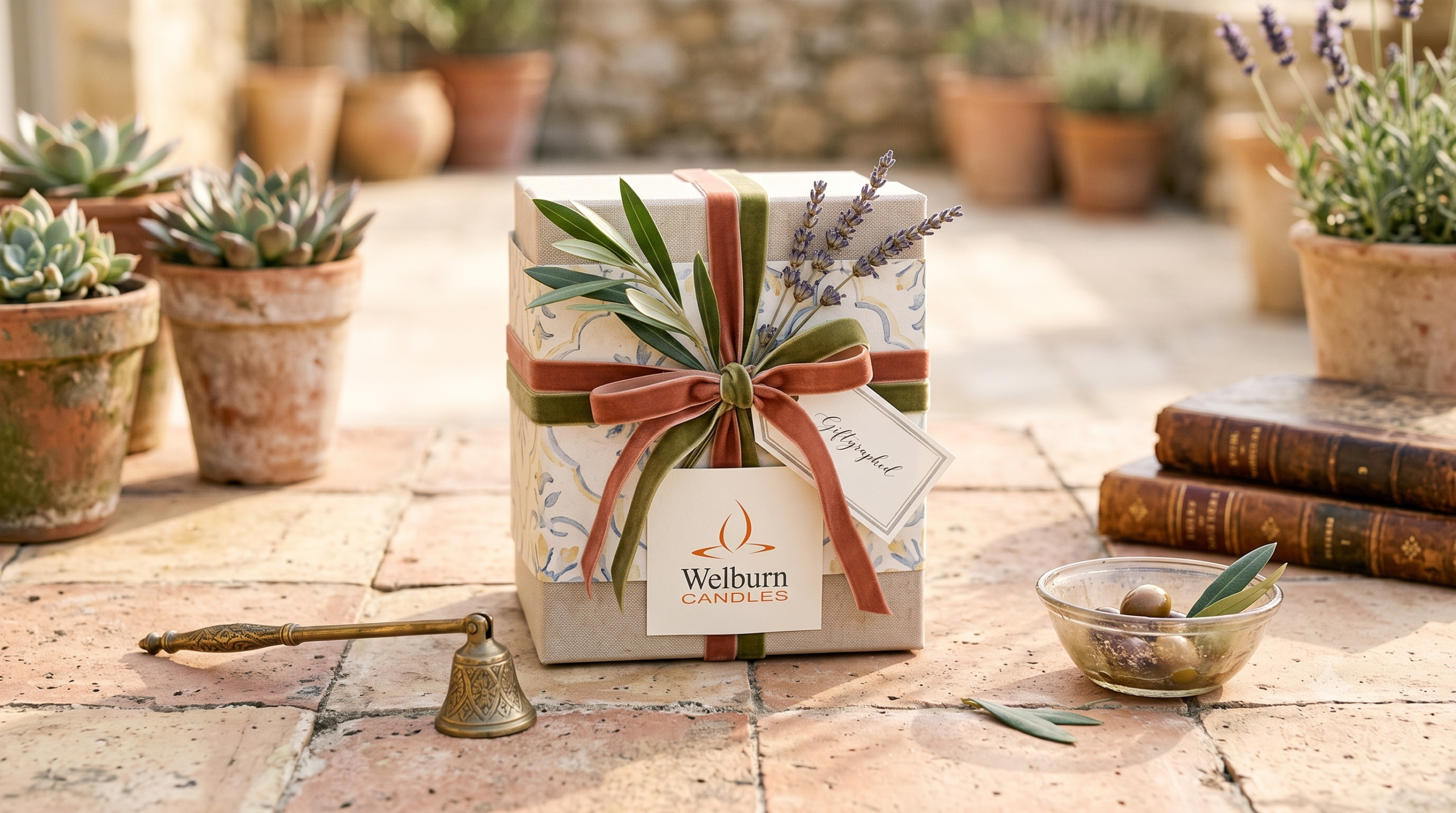 Gift-wrapped private label candle styled for Southern European retail markets