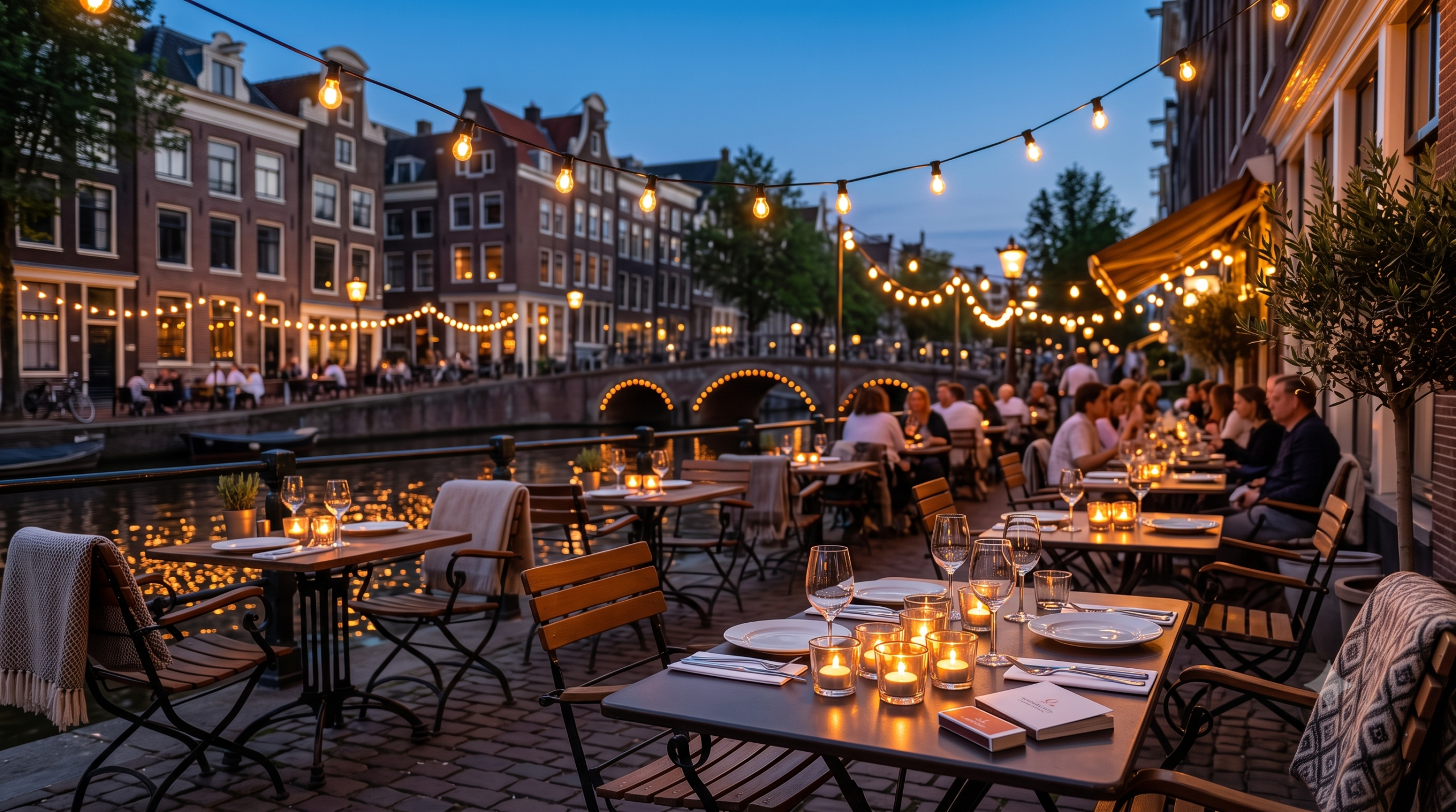Tealight candles set on a Dutch restaurant terrace table at dusk