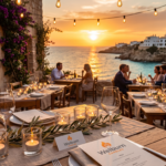 Tealight candles on a Mediterranean restaurant terrace at sunset in Spain