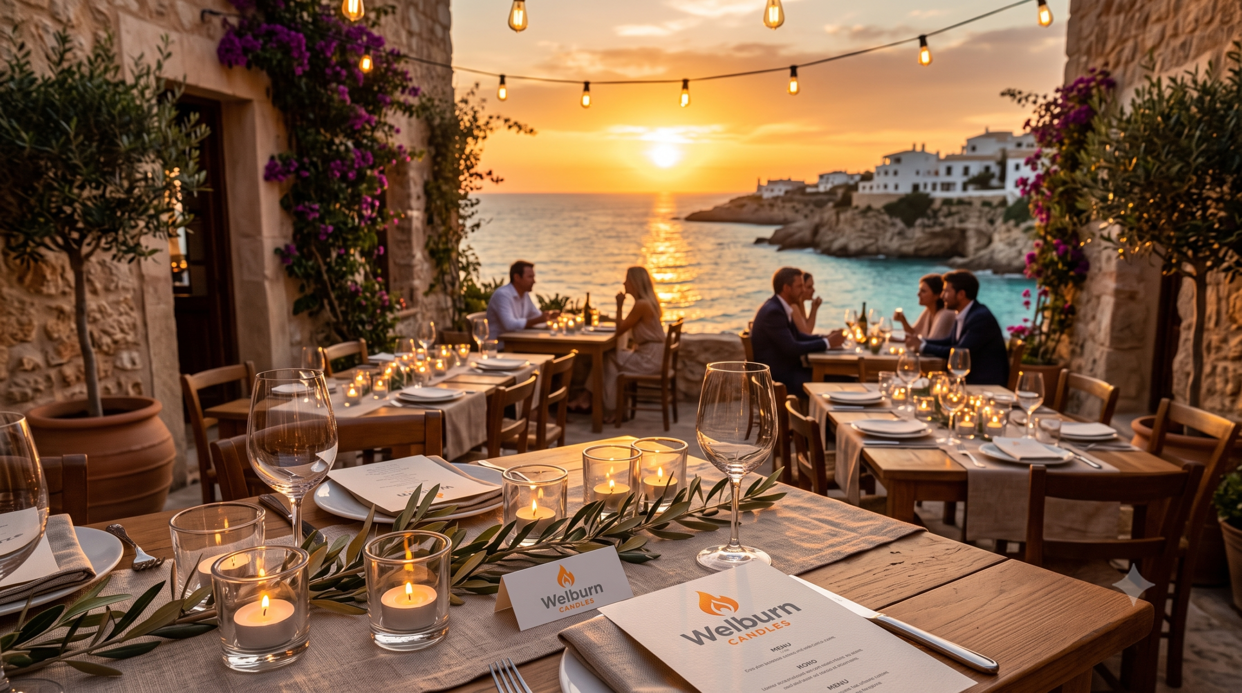 Tealight candles on a Mediterranean restaurant terrace at sunset in Spain